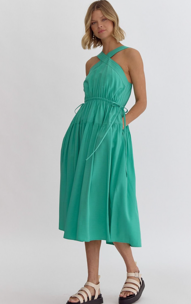 green drawstring dress with cross neckline midi dress