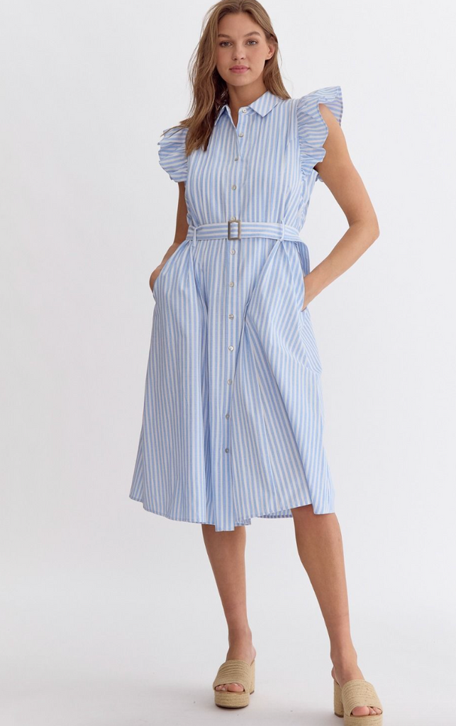 blue and white striped midi dress with ruffle sleeve