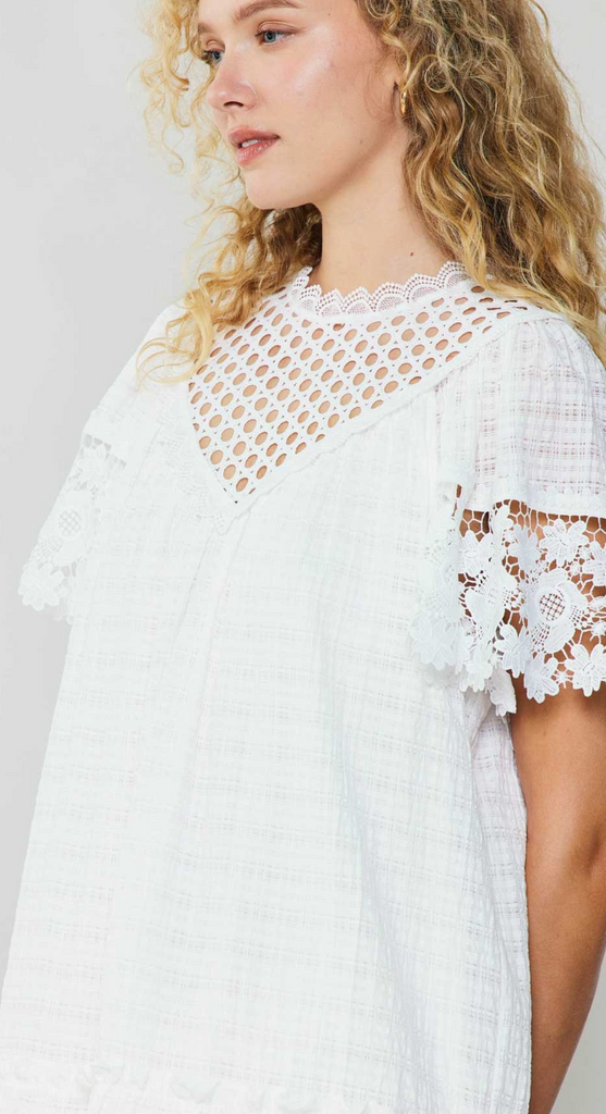 white linen with lace detail dress