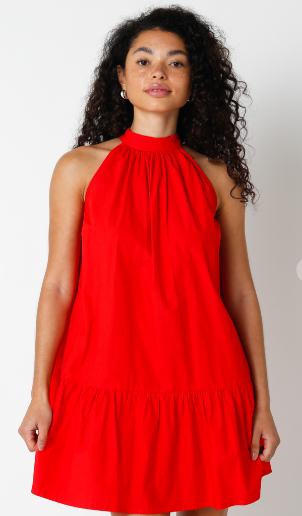 Red high neck bow dress